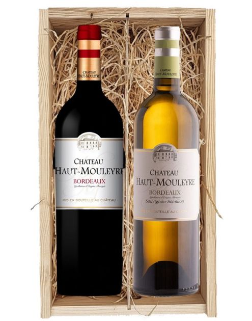 1 fles Chateau Haut-Mouleyre Bordeaux Rouge en 1 fles Château Haut-Mouleyre Bordeaux Blanc in houten kist