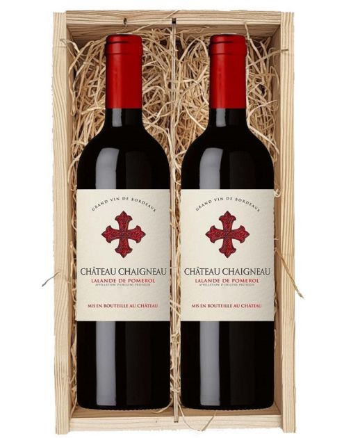 2 flessen Château Chaigneau Lalande de Pomerol 2016 in houten kist