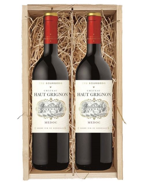 2 flessen Château Haut Grignon Médoc Cru Bourgeois 2016 in houten kist