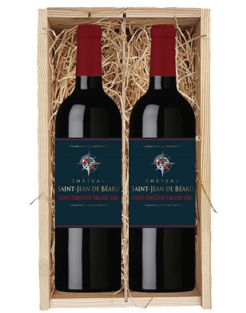 2 flessen Château Saint-Jean de Béard Saint-Émilion Grand Cru 2020 in houten kist