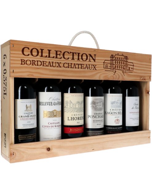 Collection Bordeaux Chateaux – 6 kleine flesjes Bordeaux in houten kist