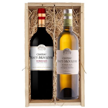 2 flessen Chateau Haut-Mouleyre Bordeaux Rouge en Château Haut-Mouleyre Bordeaux AOP Sauvignon-Sémillon in houten kist