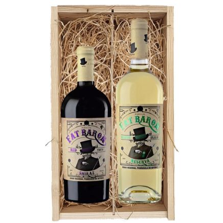 2 flessen Fat Baron Shiraz Tinto en White Reserva in houten kist